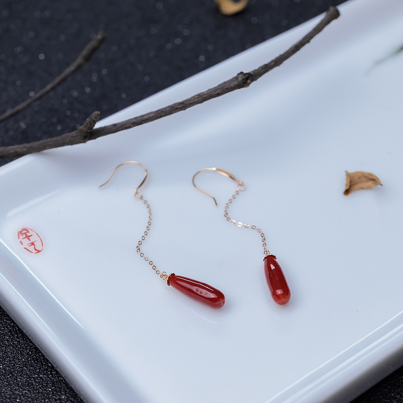 18K金镶沙丁珊瑚耳坠-红掌柜