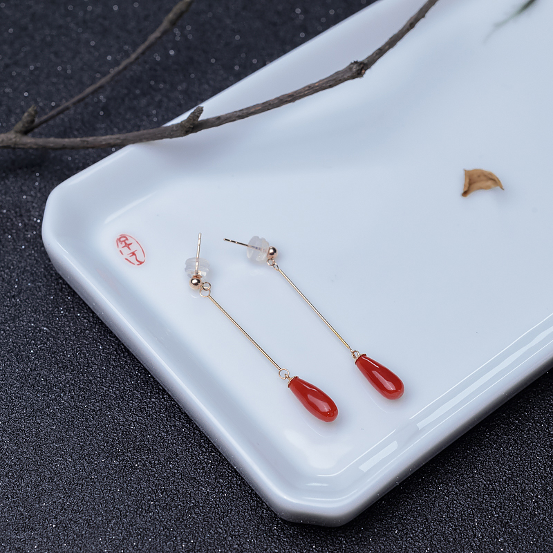 18K金镶沙丁正红珊瑚耳坠-红掌柜