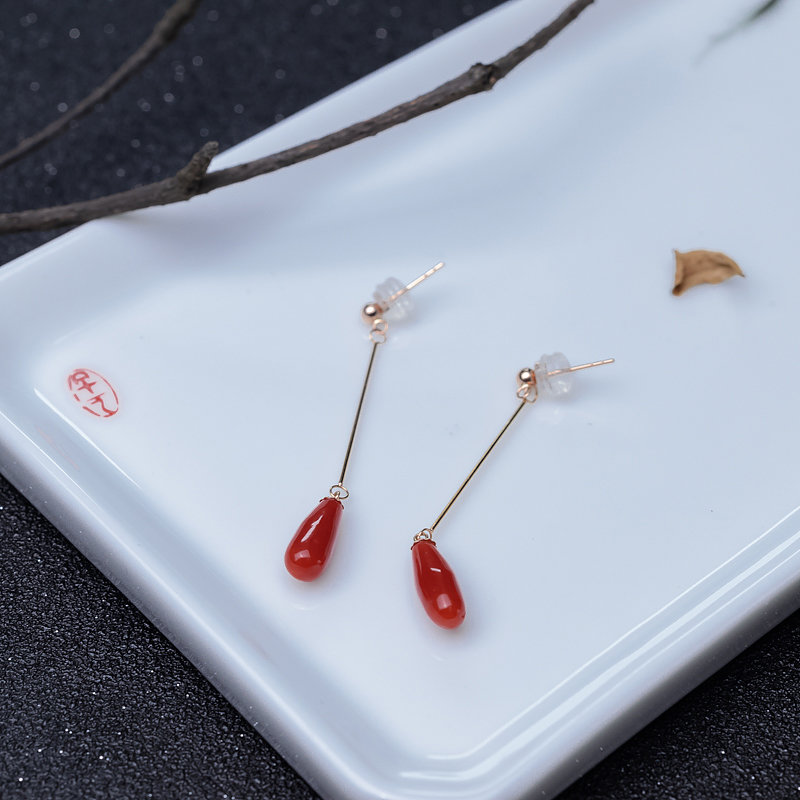 18K金镶正红珊瑚耳坠-红掌柜