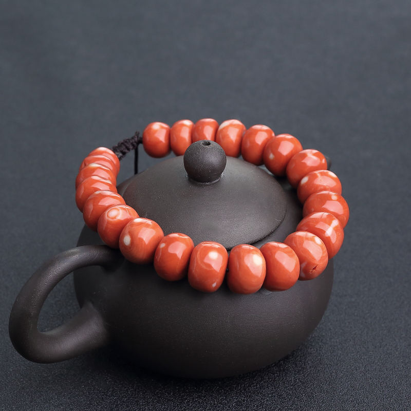 台湾天然橘红珊瑚鼓珠单圈手串-红掌柜