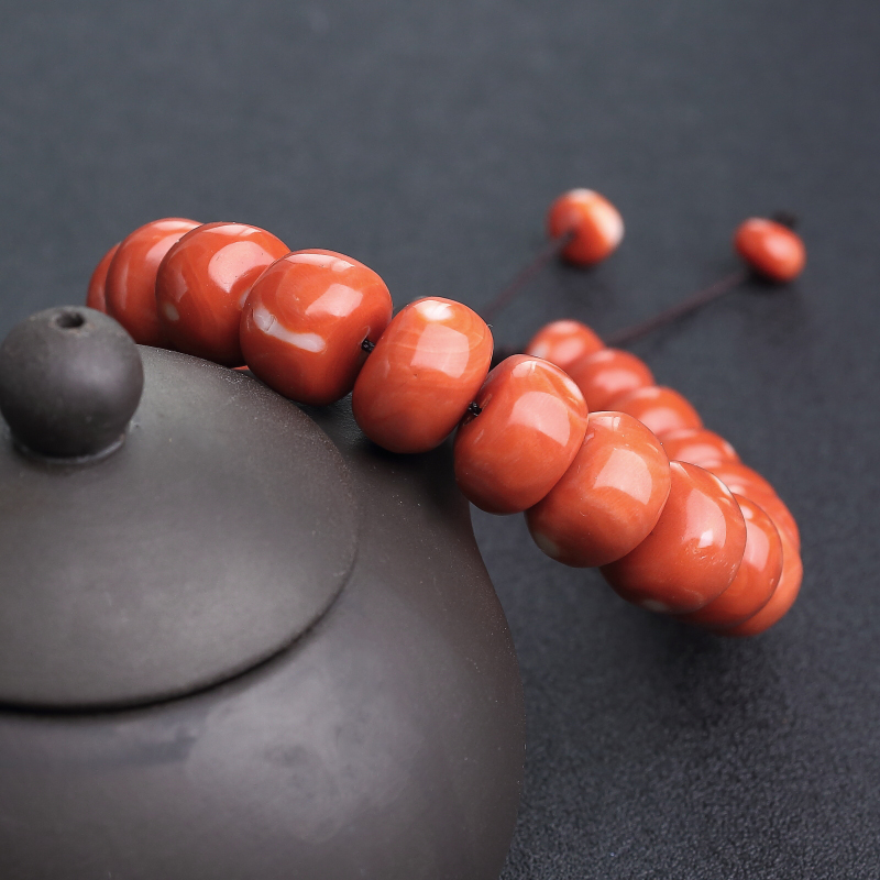 台湾天然MOMO橘红珊瑚单圈手串-红掌柜