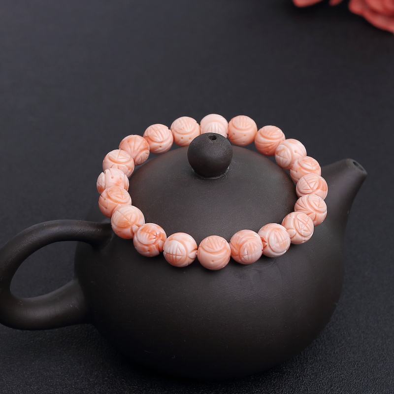 台湾天然粉色珊瑚龙珠单圈手串-红掌柜