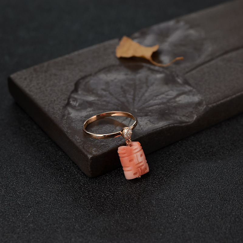 中途岛18K金镶钻深水粉色珊瑚双喜戒指-红掌柜