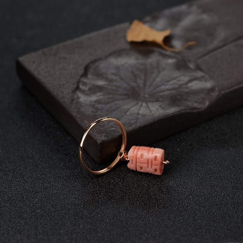 天然深水粉色珊瑚双喜戒指-红掌柜