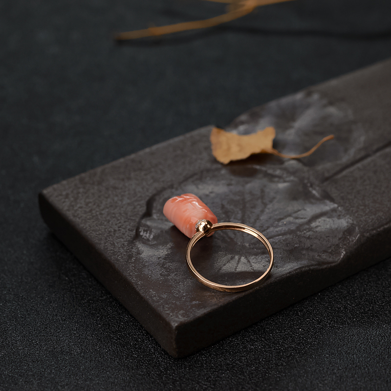 深水粉色珊瑚双喜戒指-红掌柜