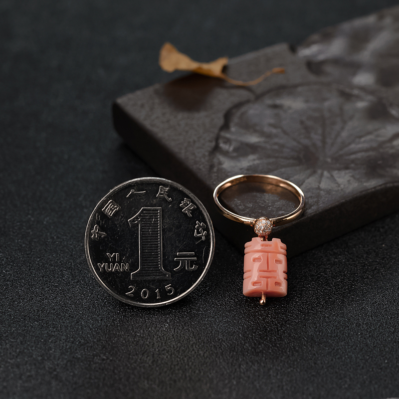 中途岛天然深水粉色珊瑚双喜戒指-红掌柜