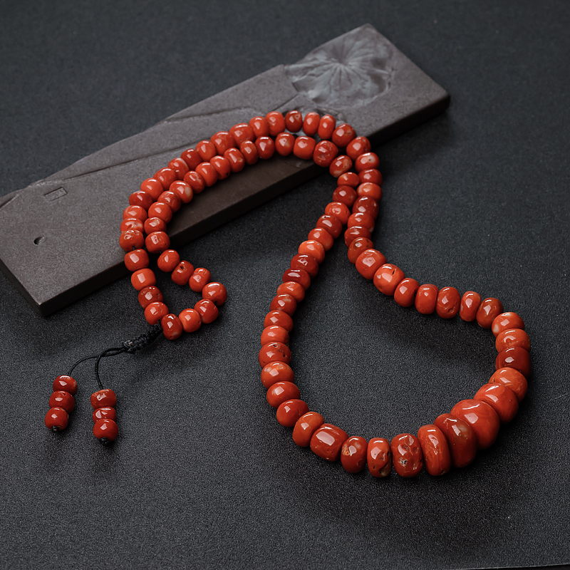 天然阿卡朱红珊瑚鼓珠塔链-红掌柜