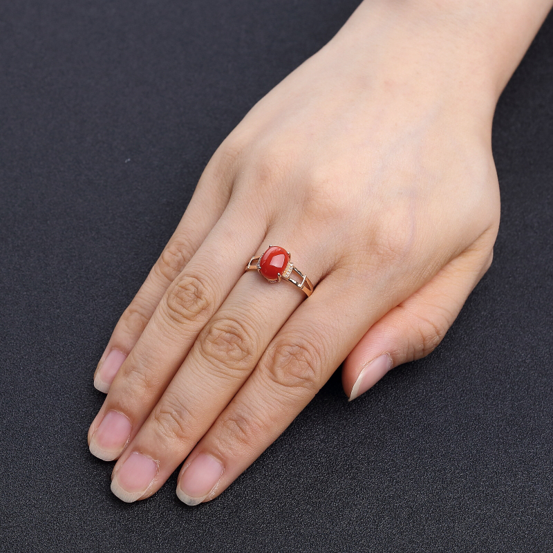 18K金镶钻日本天然朱红珊瑚戒指-红掌柜