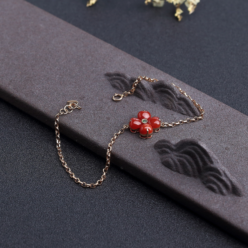 18K金镶日本天然阿卡正红珊瑚手链-红掌柜