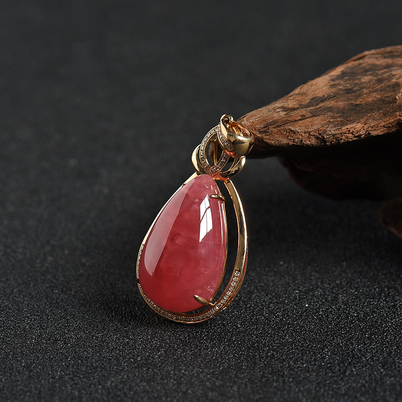 K金镶钻巴西天然红纹石水滴吊坠 - 红掌柜