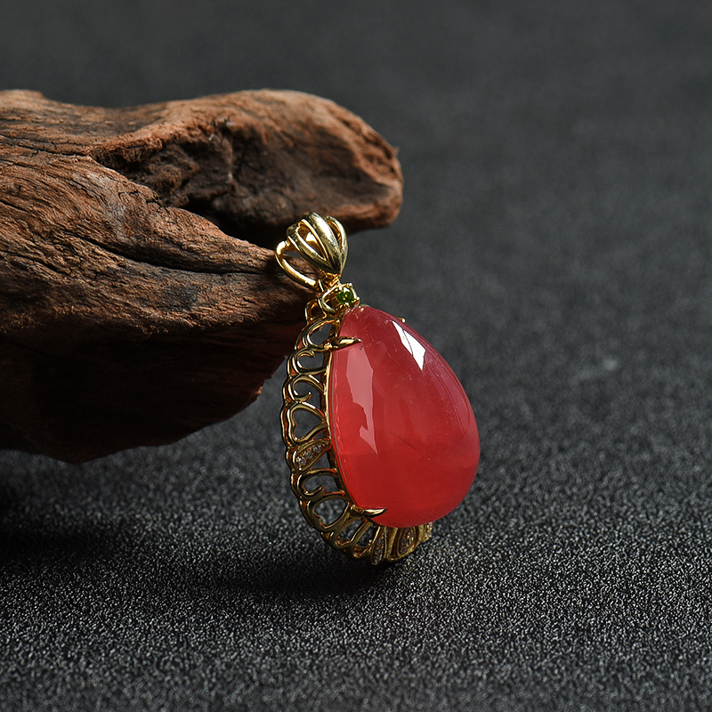 18K金巴西天然红纹石水滴吊坠 - 红掌柜