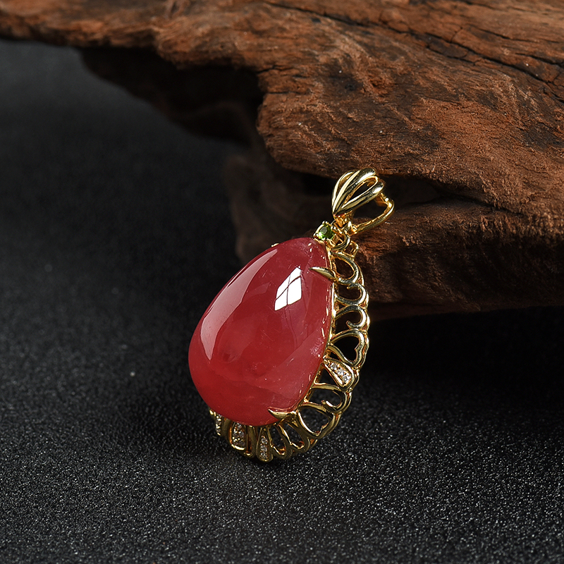 K金镶钻巴西天然红纹石水滴吊坠 - 红掌柜