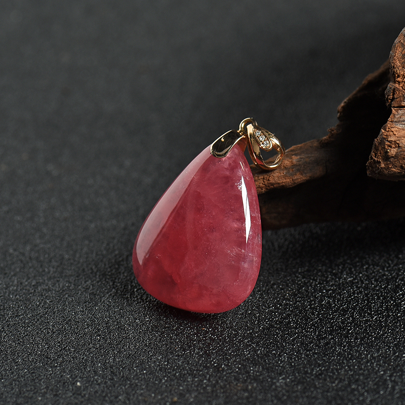 K金镶钻巴西天然红纹石水滴吊坠 - 红掌柜