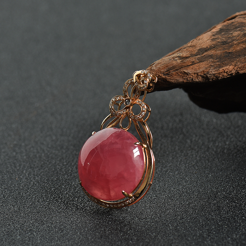 K金镶钻巴西天然极品红纹石圆形吊坠 - 红掌柜