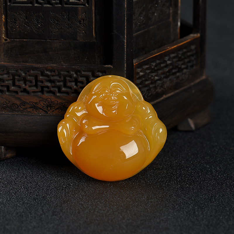 天然山料鸡油黄黄龙玉弥勒佛吊坠-红掌柜