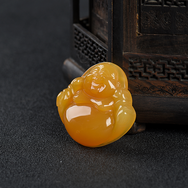 天然鸡油黄黄龙玉弥勒佛吊坠-红掌柜