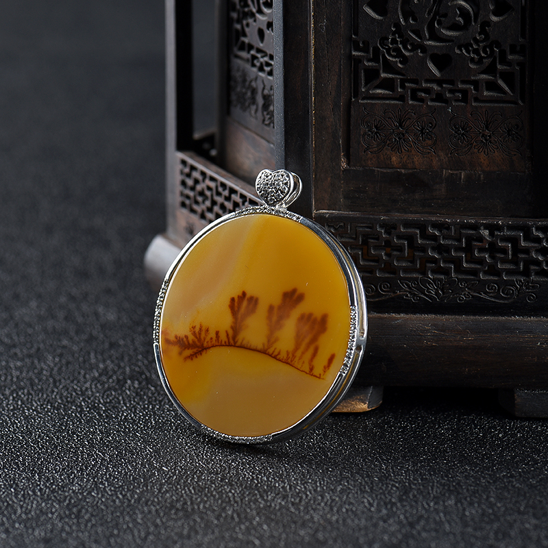 银镶黄龙玉水草花吊坠-红掌柜