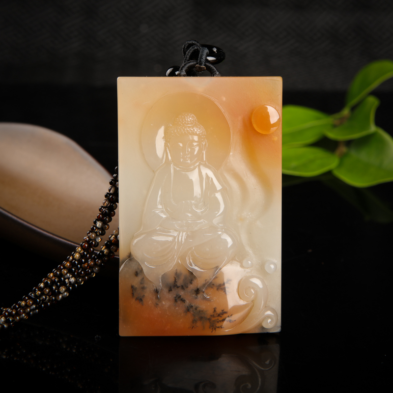 天然山料俏色黄龙玉水草花佛吊坠-红掌柜