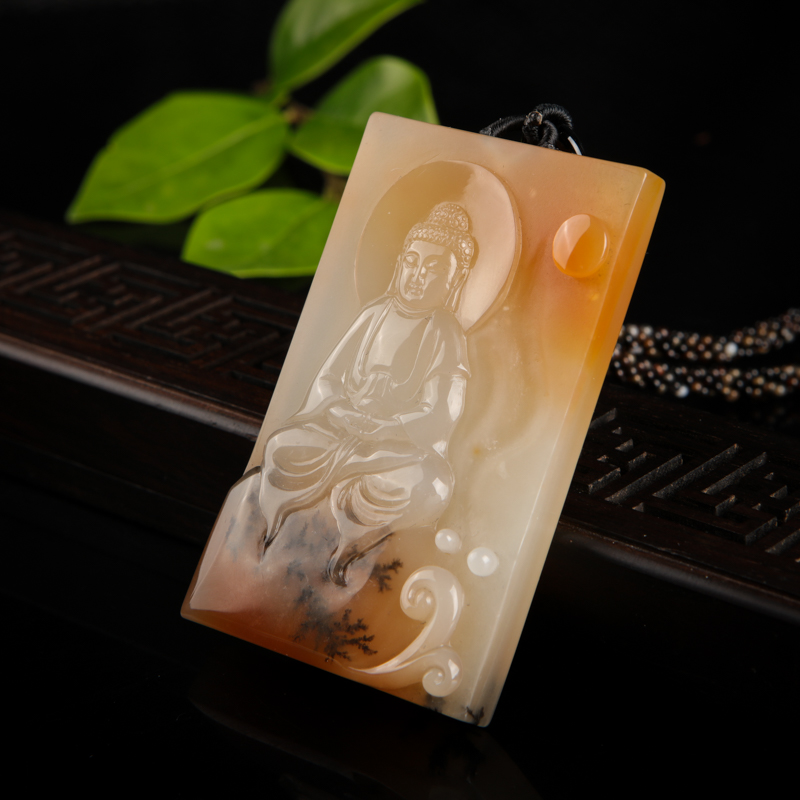 天然俏色黄龙玉水草花佛吊坠-红掌柜