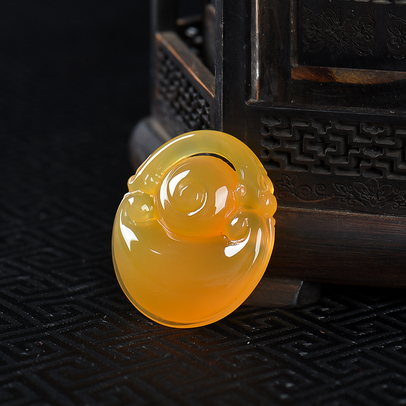 天然鸡油黄黄龙玉如意锁吊坠-红掌柜