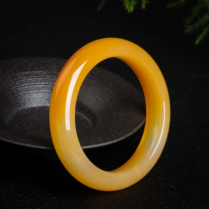 天然山料鸡油黄黄龙玉手镯-红掌柜