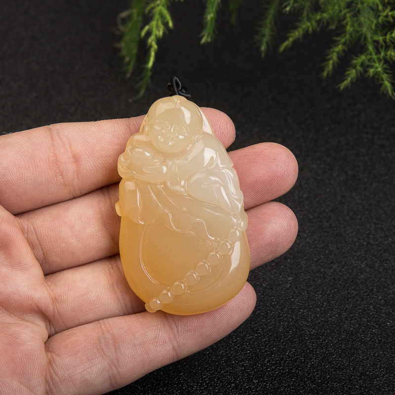 云南龙陵山料浅黄黄龙玉童趣吊坠-红掌柜