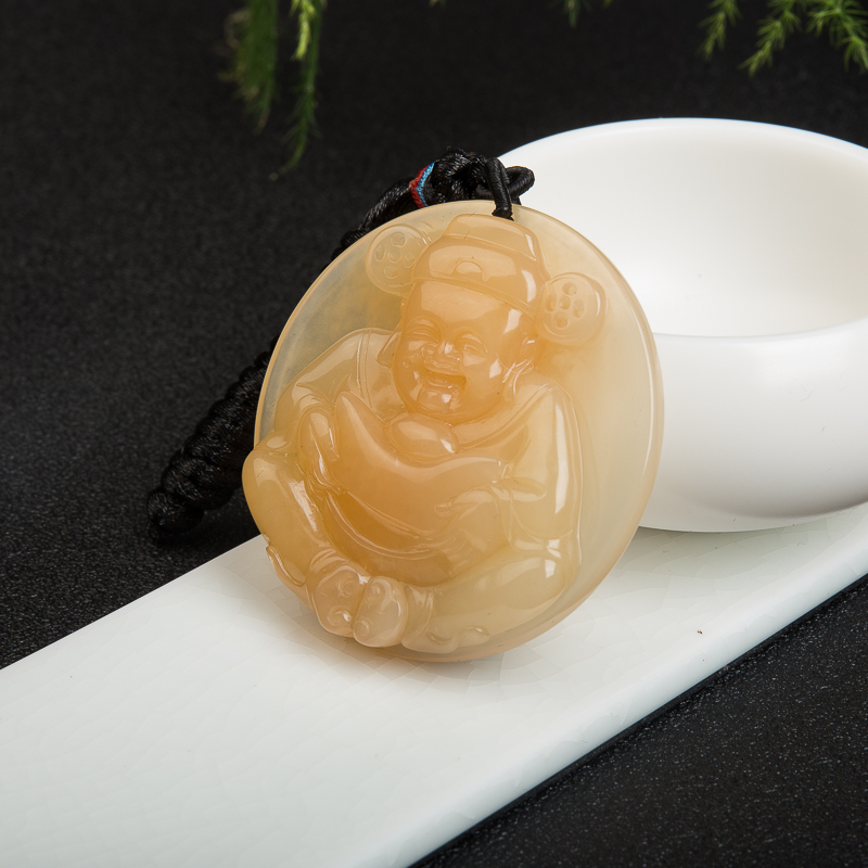 云南龙陵山料黄龙玉财神吊坠-红掌柜