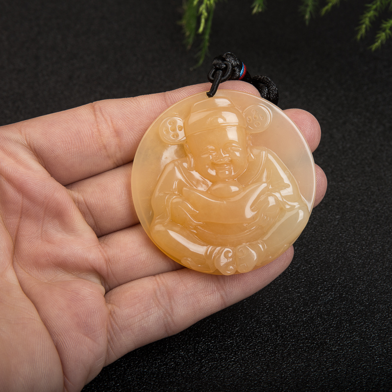 龙陵山料浅黄黄龙玉财神吊坠-红掌柜