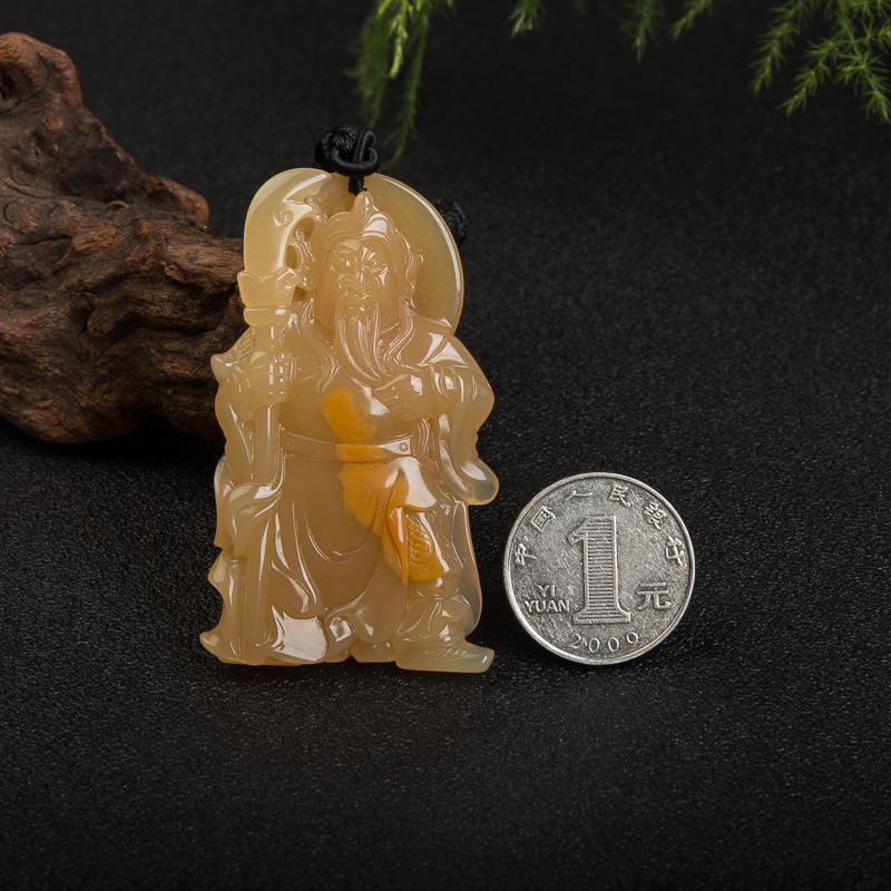 云南龙陵山料浅黄黄龙玉关羽吊坠-红掌柜