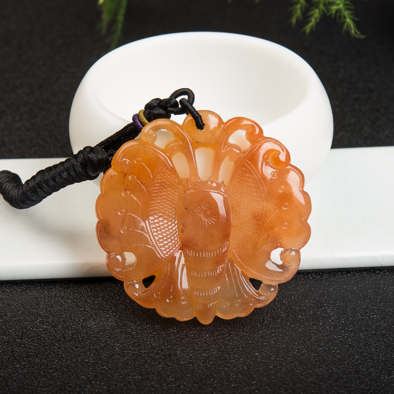 山料西瓜红黄龙玉蝴蝶吊坠-红掌柜