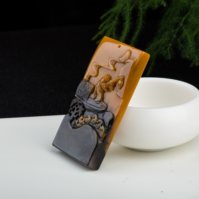 俏色黄龙玉渔舟唱晚吊坠-红掌柜