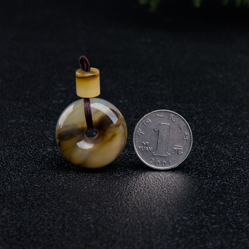 山料俏色黄龙玉水草花平安扣吊坠-红掌柜