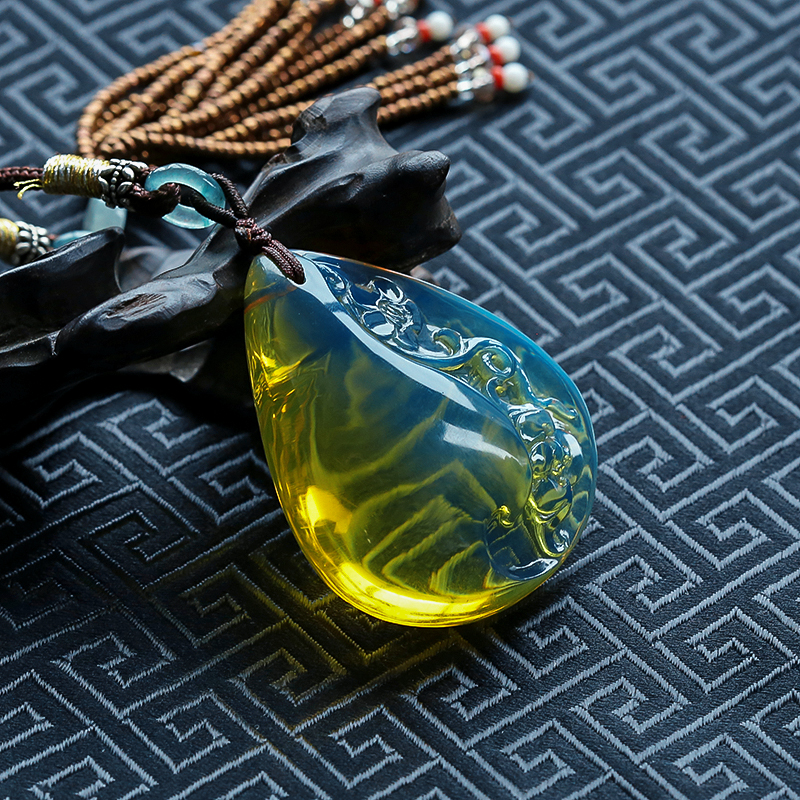 多米尼加蓝珀花纹水滴挂坠-红掌柜