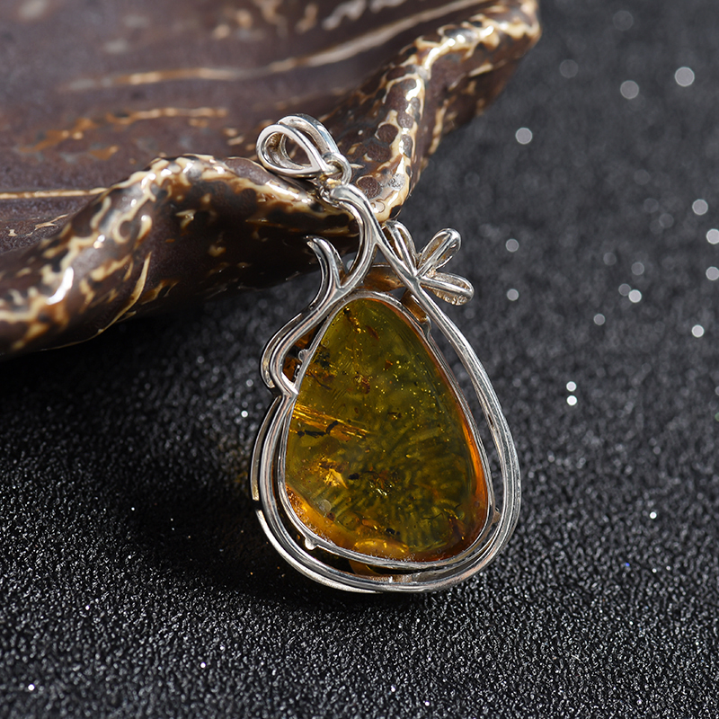 银镶琥珀吊坠 - 红掌柜