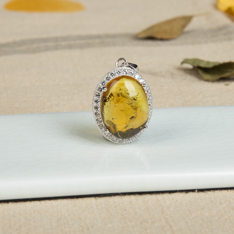 缅甸天然银镶琥珀吊坠-红掌柜