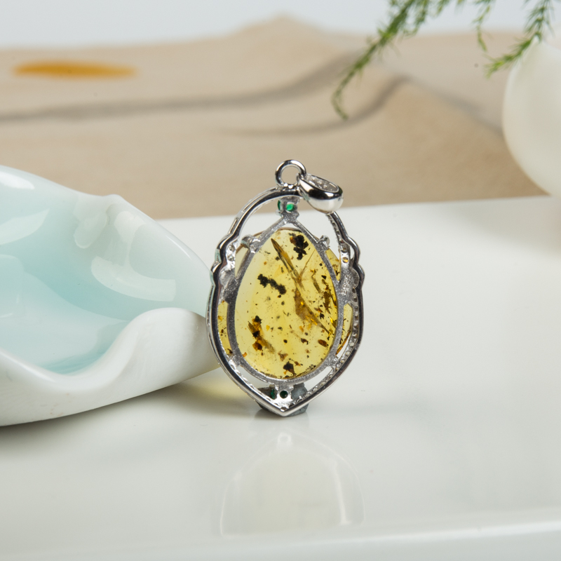 银镶缅甸琥珀吊坠-红掌柜