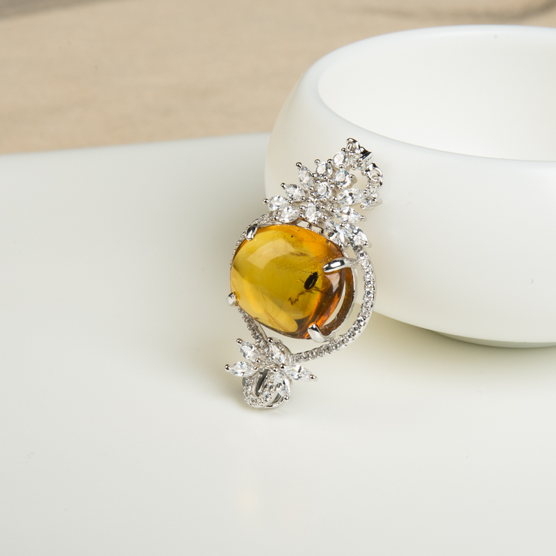 缅甸银镶琥珀吊坠-红掌柜