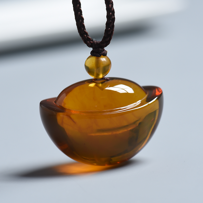 缅甸天然浅金棕珀琥珀元宝吊坠 - 红掌柜