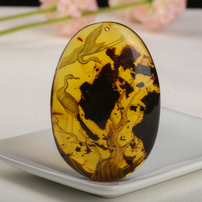 金棕珀阴雕松鹤延年吊坠-红掌柜