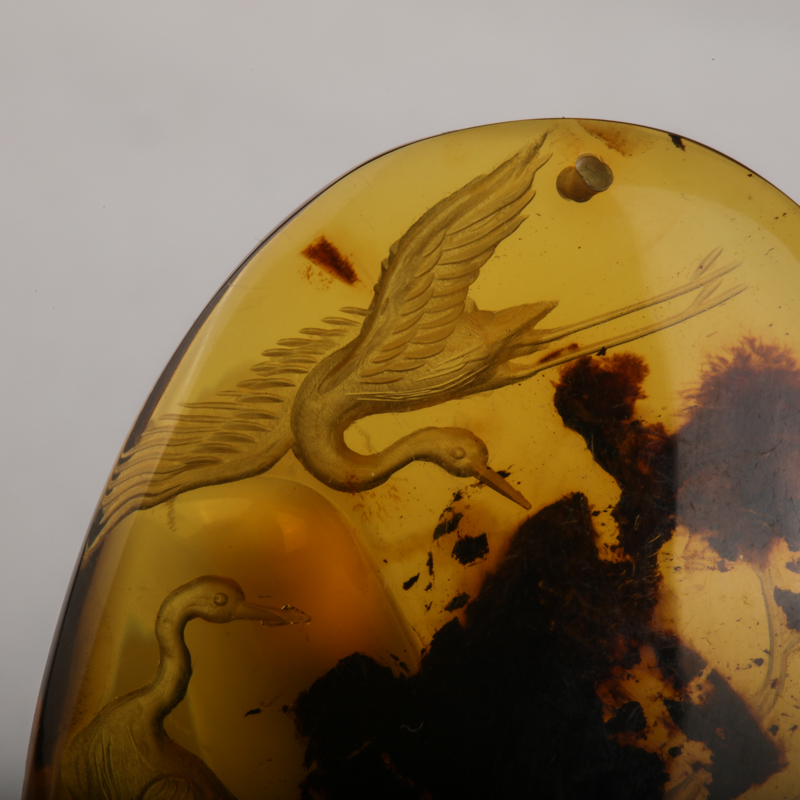 天然金棕珀阴雕松鹤延年吊坠-红掌柜