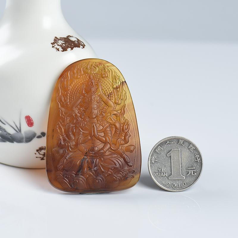 缅甸琥珀千手观音吊坠-红掌柜