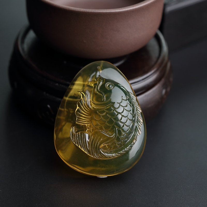 高蓝墨西哥蓝珀年年有余吊坠 - 红掌柜