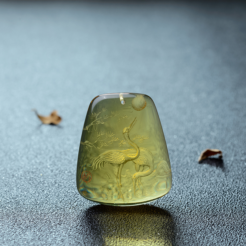 墨西哥天然蓝珀松鹤延年吊坠-红掌柜