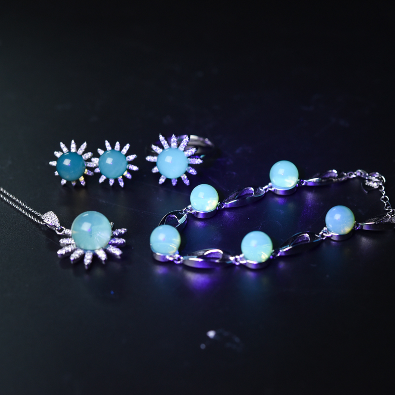 天然银镶墨西哥蓝珀套装（四件）-红掌柜