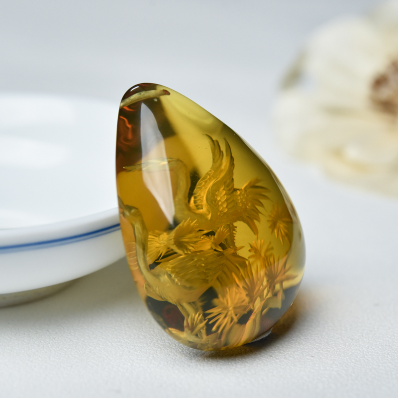 天然墨西哥蓝珀松鹤延年吊坠-红掌柜