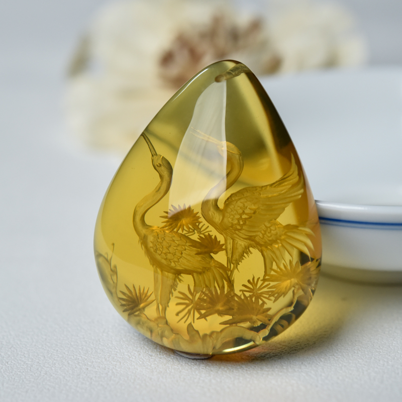 墨西哥天然蓝珀松鹤延年吊坠-红掌柜