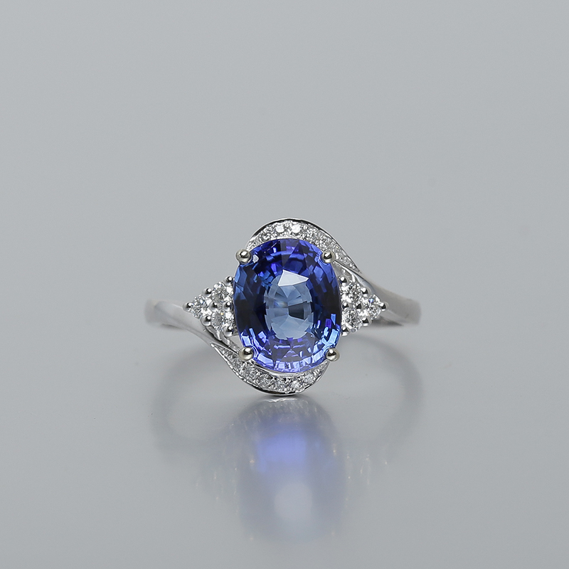 斯里兰卡天然无烧18K白金镶钻蓝宝石戒指-红掌柜