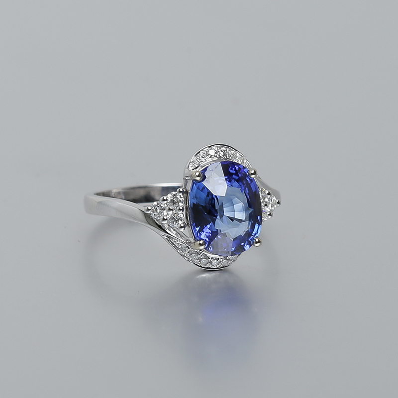 天然无烧18K白金镶钻蓝宝石戒指-红掌柜