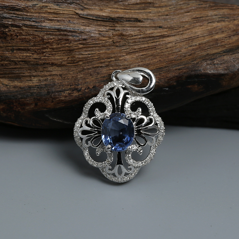 18k白金镶钻蓝色蓝宝石刻面吊坠 - 红掌柜