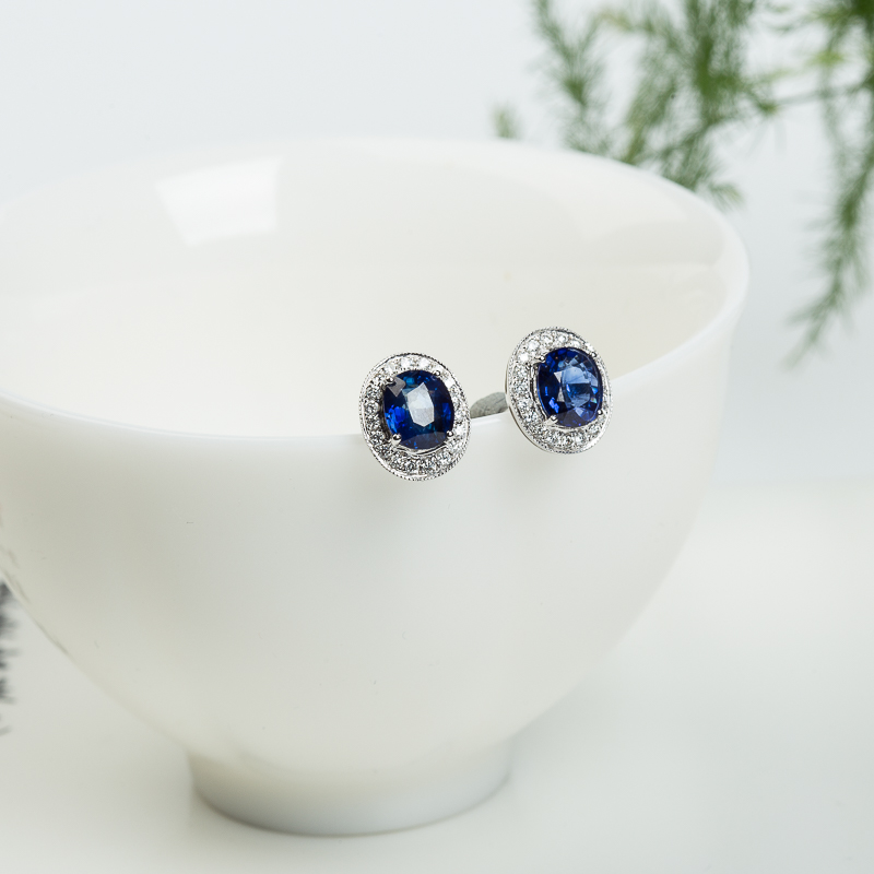 天然斯里兰卡蓝宝石刻面耳钉-红掌柜